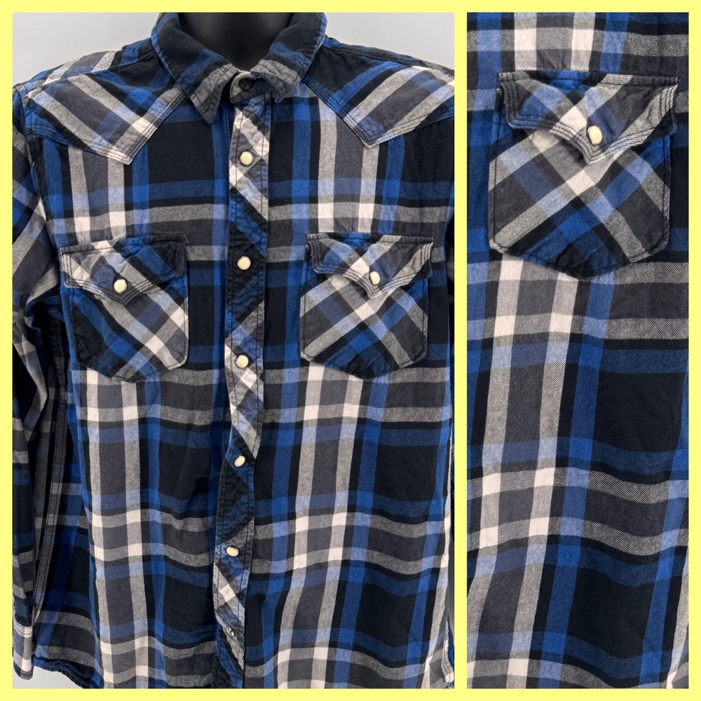 VTG Roebuck & Co Western Flannel‎ Shirt Mens M Blue Plaid Pearl Snap Cotton Yoke